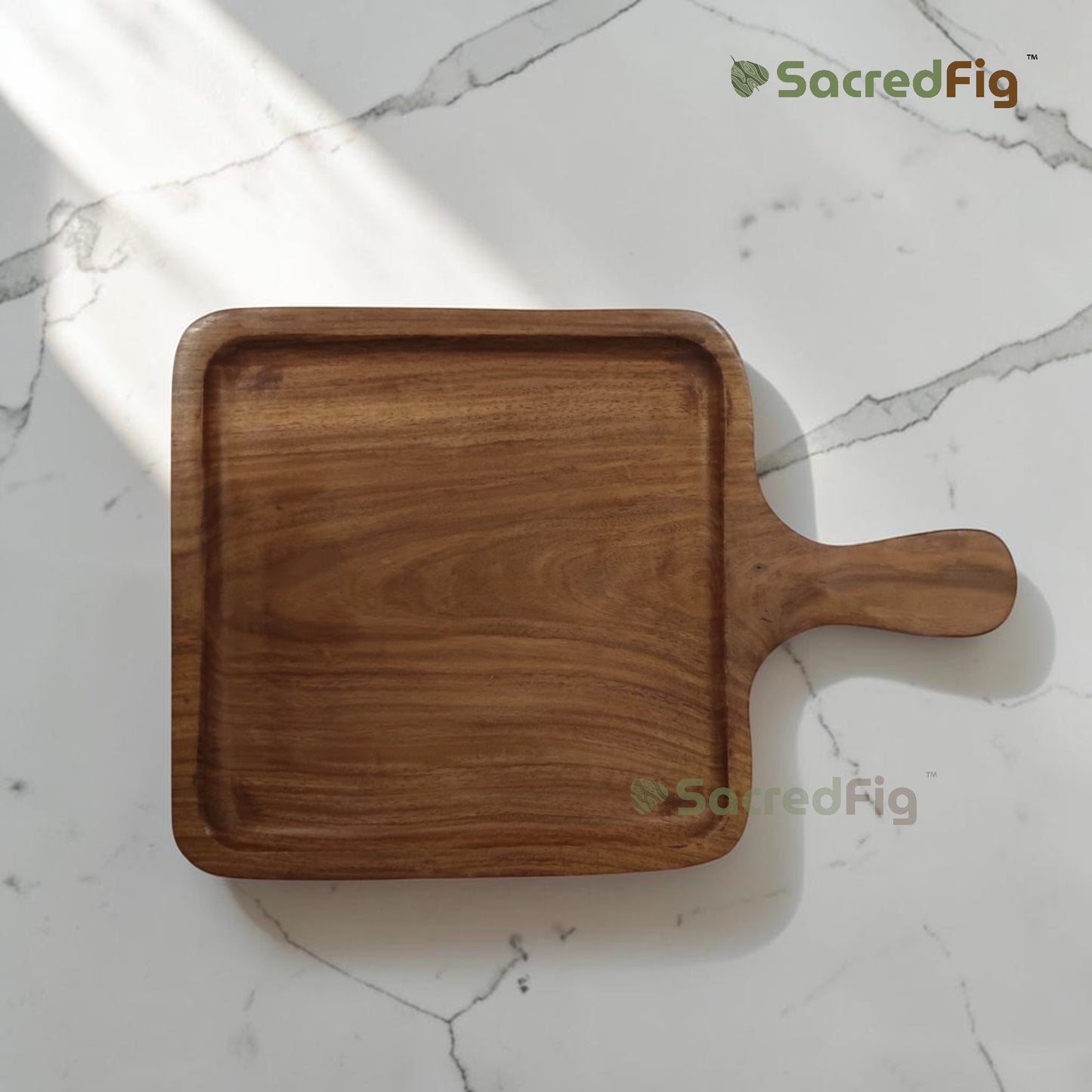 SacredFig Sheesham Wood Square Serving Platter with Handle | Handcrafted Wooden Tray for Snacks, Cheese, Desserts & Appetisers | 10 x 10 In
