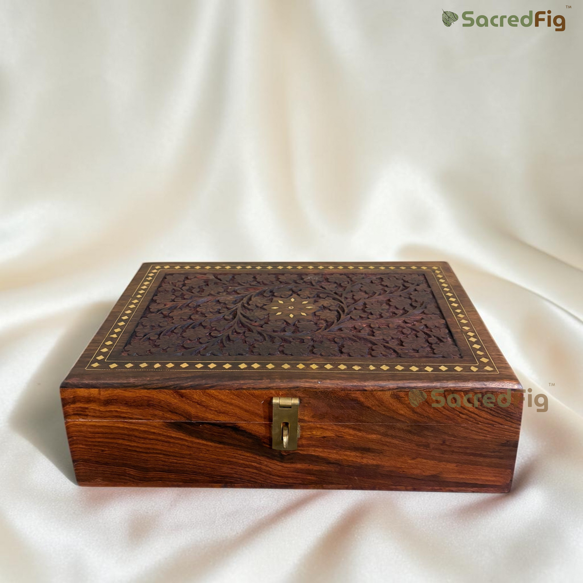 SacredFig Handcrafted Sheesham Wood Vine Gift Box | Elegant Floral Vine Carving Design | Wooden Gift Box for Keepsakes, Jewelry & Storage | 12 x 8 In