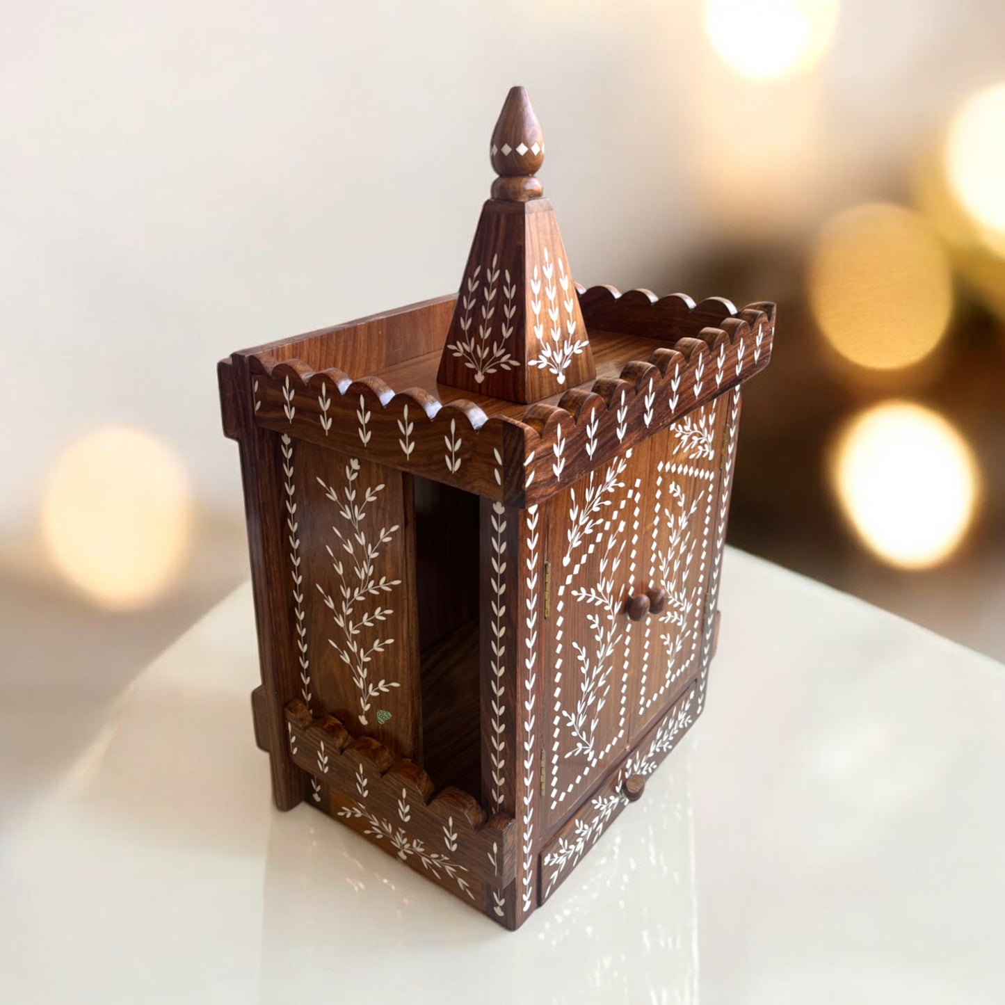 Wooden Mandir with Intricate Leafy Inlaid design | Premium Decor by SacredFig | 22 × 13 in