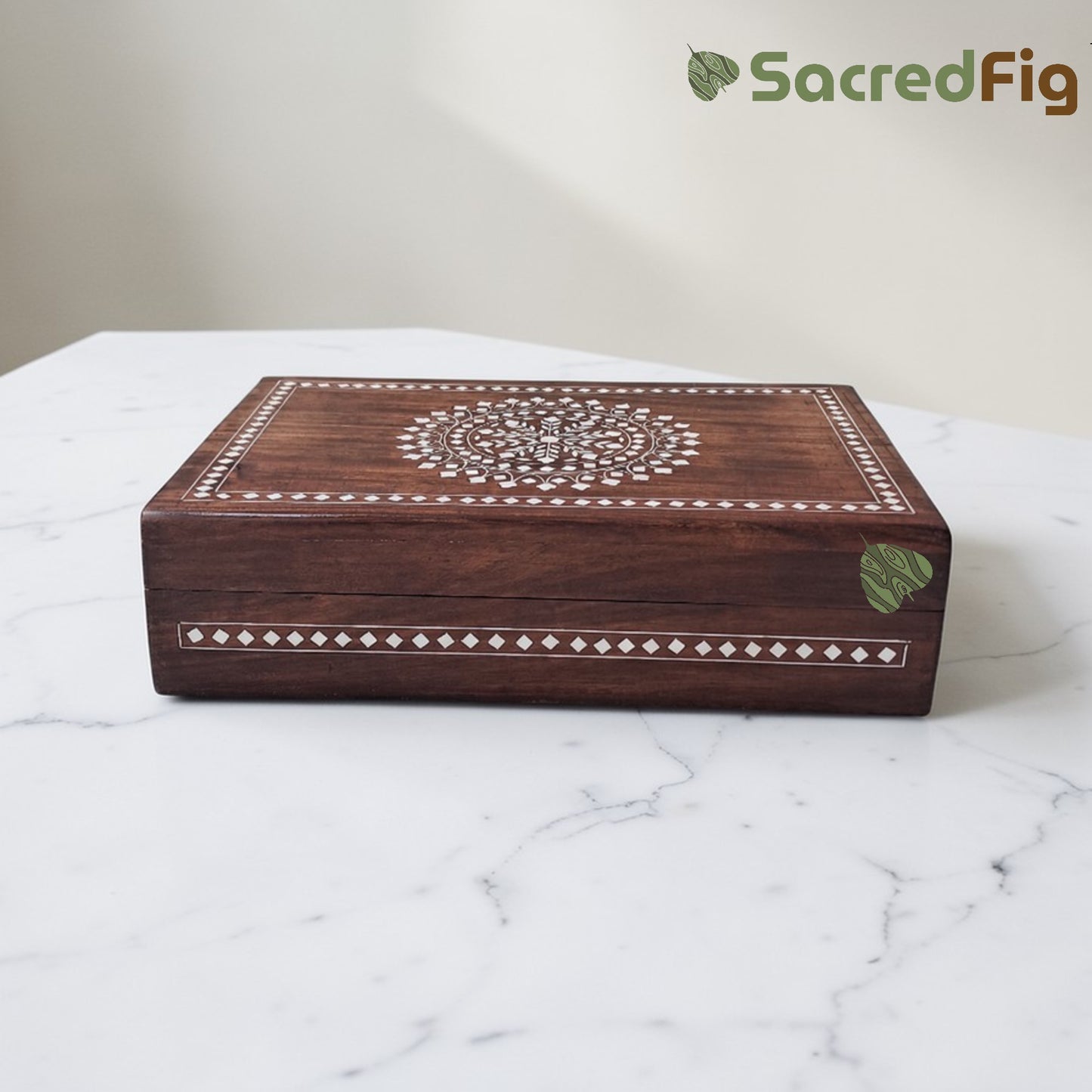 SacredFig Sheesham Wood Tea Box with Inlay Work – Premium Tea Organizer