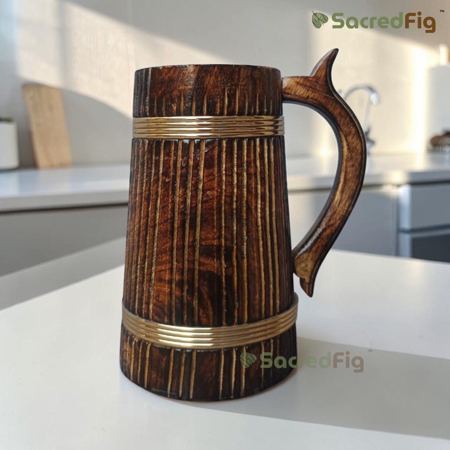 SacredFig Wooden Mug (500ml) – Heritage Stripes Edition | Handcrafted Large Rustic Mug