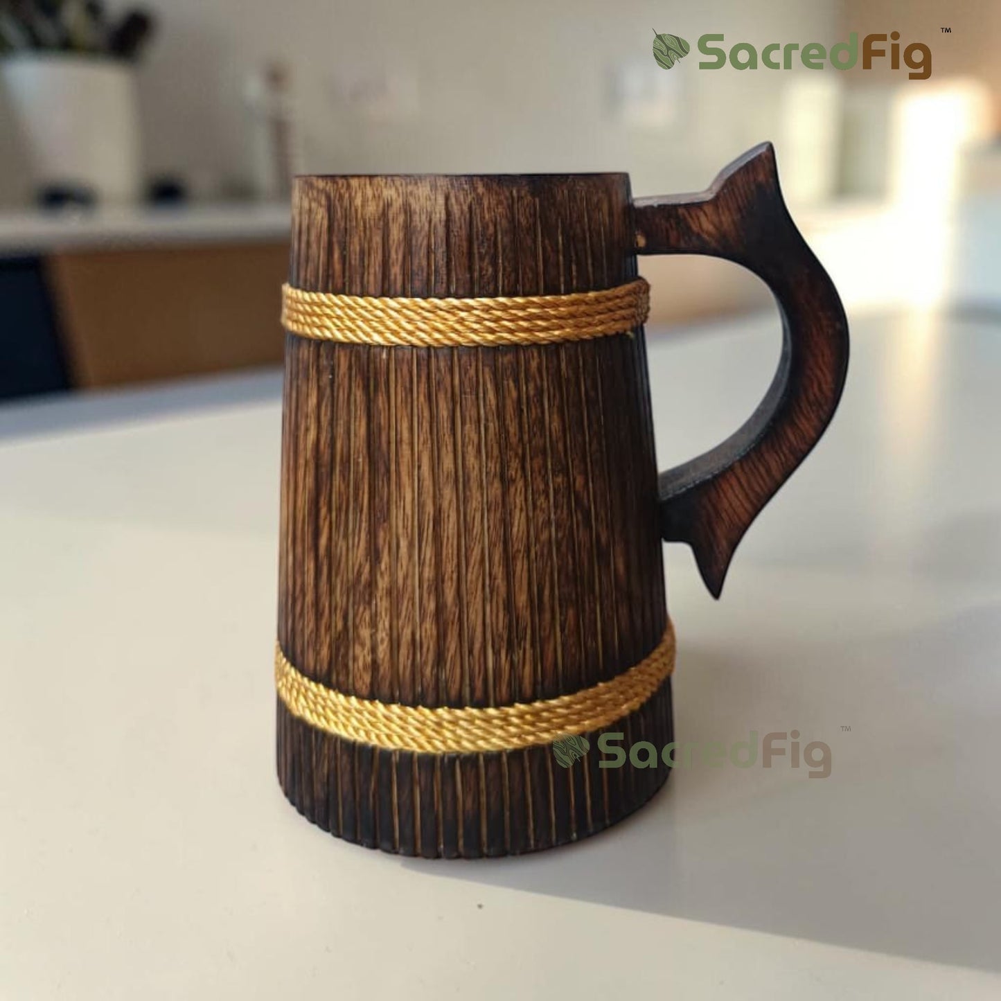 SacredFig Handcrafted Wooden Mug – Medium Striped Design with Golden Round Detail | Elegant Finish