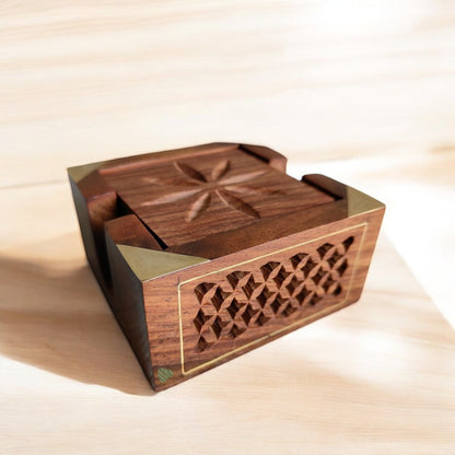 Wooden Coaster Set for Office & Home Table | Square Shape with Brass Work (SC401) | 4×4 in