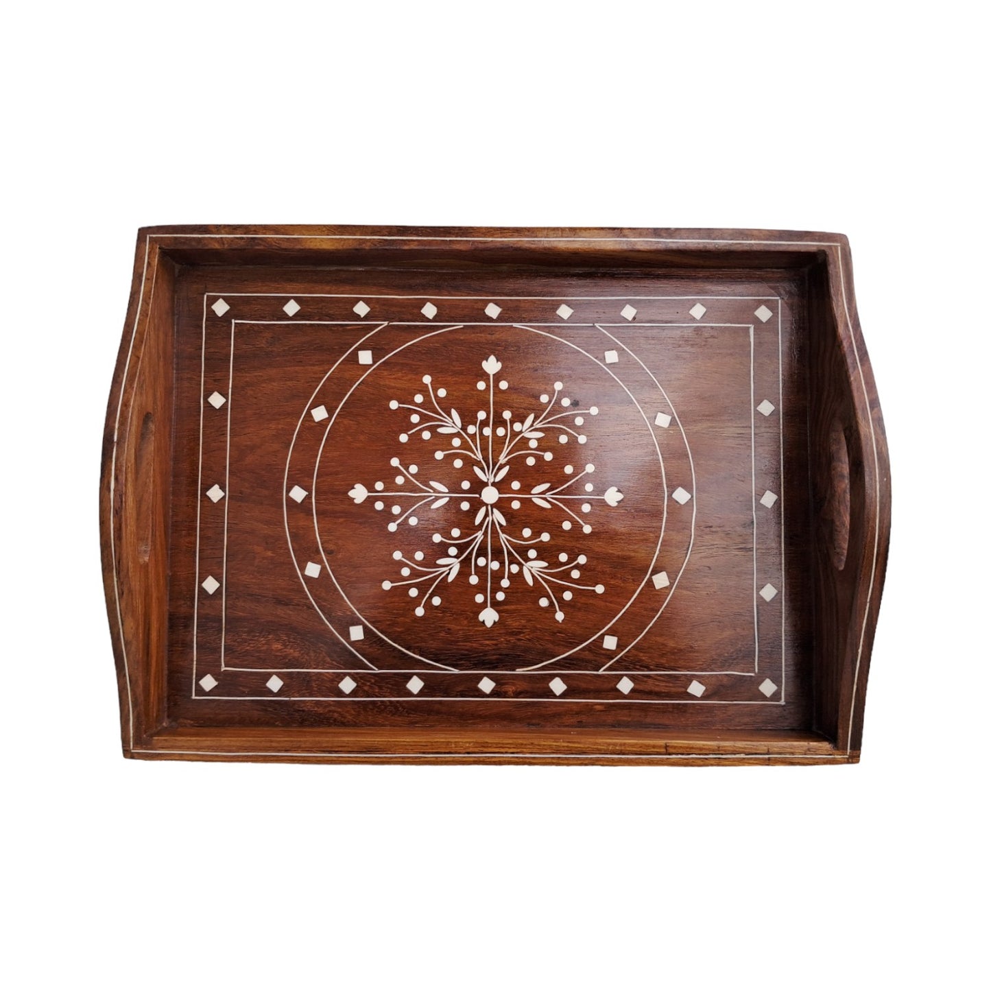 SacredFig Premium Decorative Tray | Made in Sheesham Wood with White Inlaid Work - Rectangle (9x12 in) - SD013