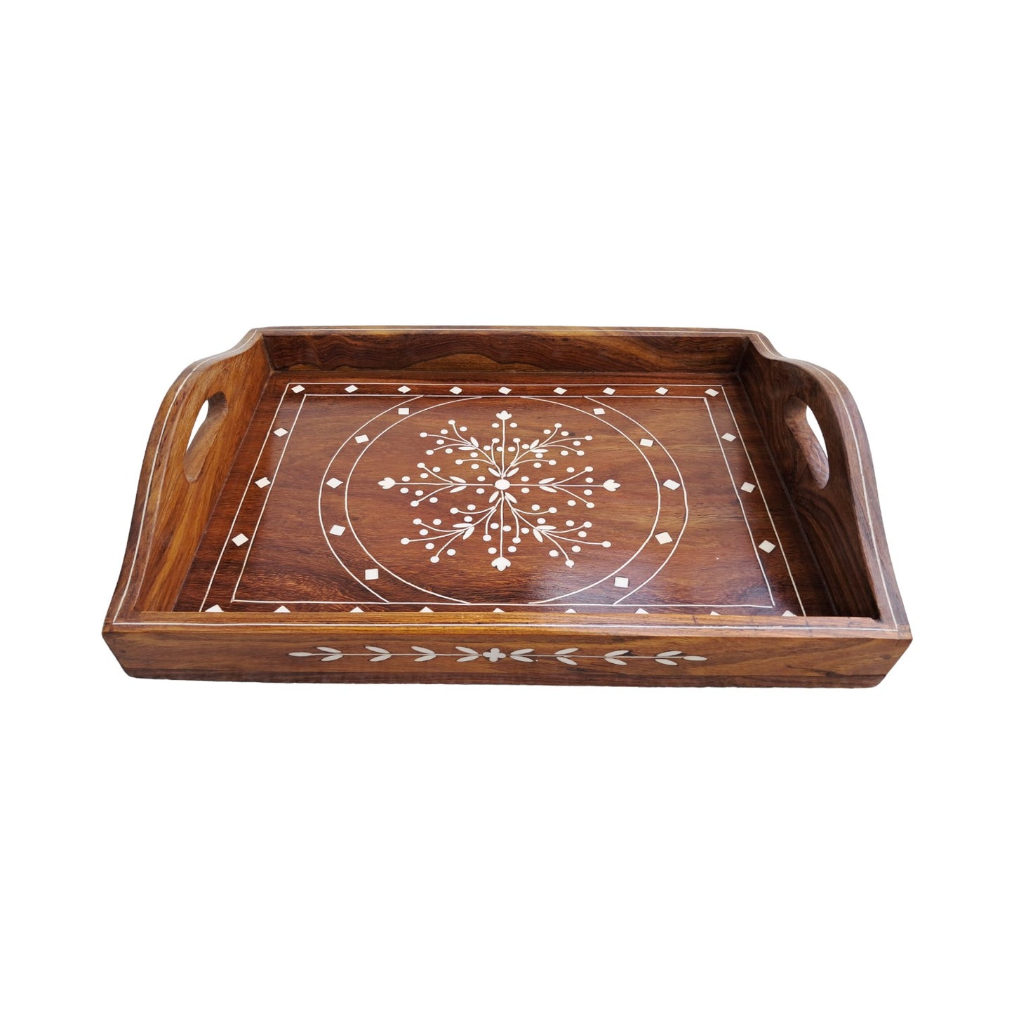 SacredFig Premium Decorative Tray | Made in Sheesham Wood with White Inlaid Work - Rectangle (9x12 in) - SD013