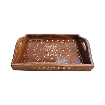 SacredFig Premium Decorative Tray | Made in Sheesham Wood with White Inlaid Work - Rectangle (9x12 in) - SD013