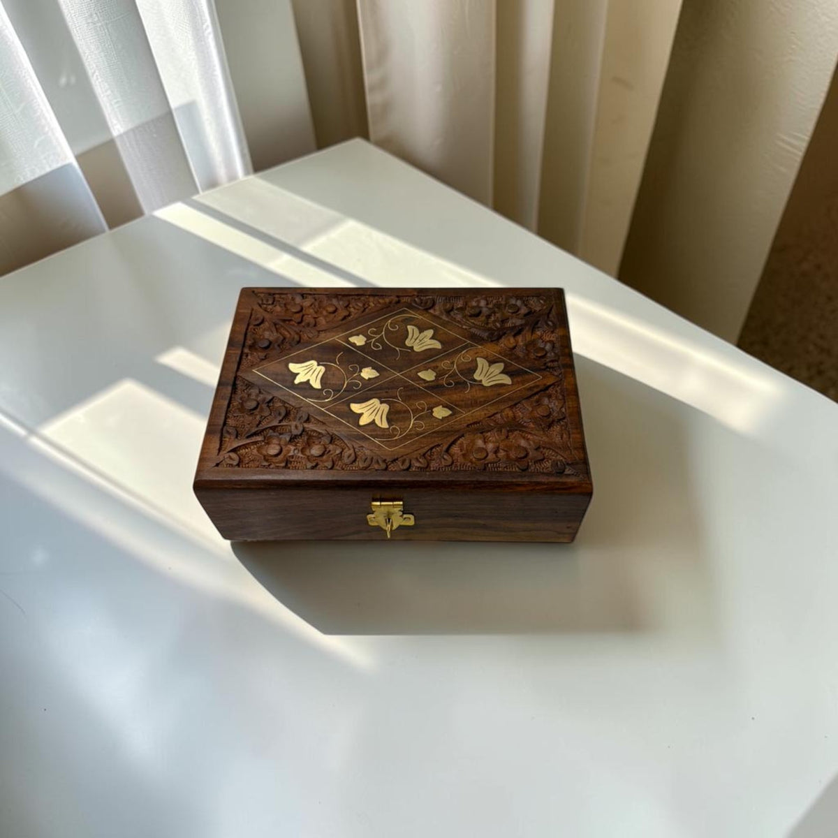 SacredFig Wooden Jewellery Box | Geometric 4 Flower Design | Handcrafted Storage for Jewellery & Treasures
