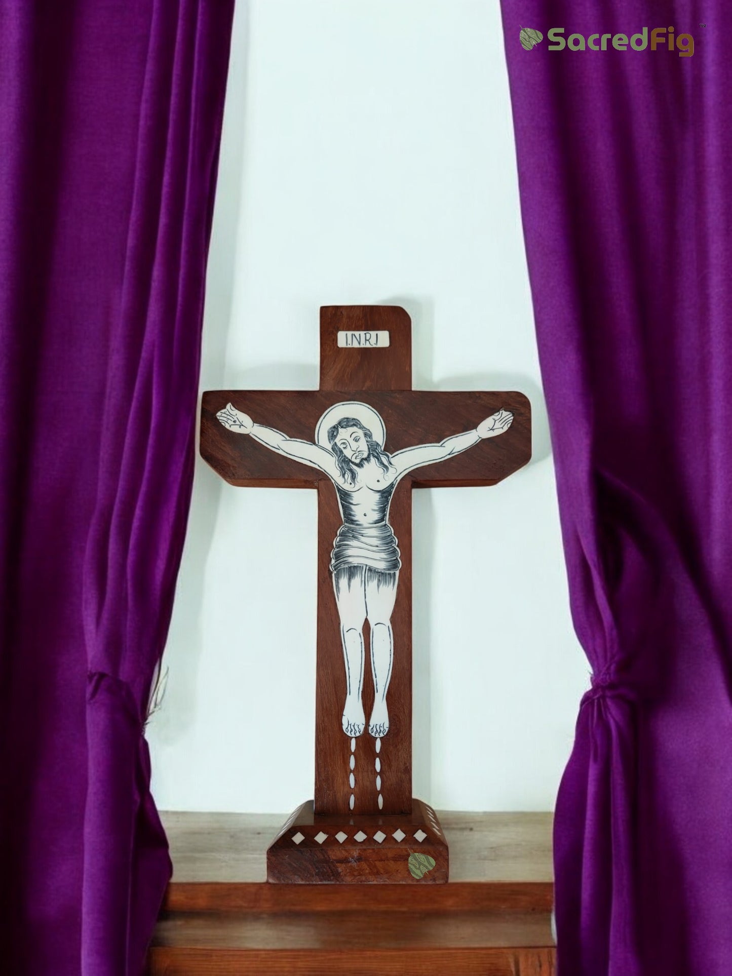 SacredFig Wooden Cross – Handcrafted with Inlay Work & INRI Inscription | Available in S,M & L Sizes