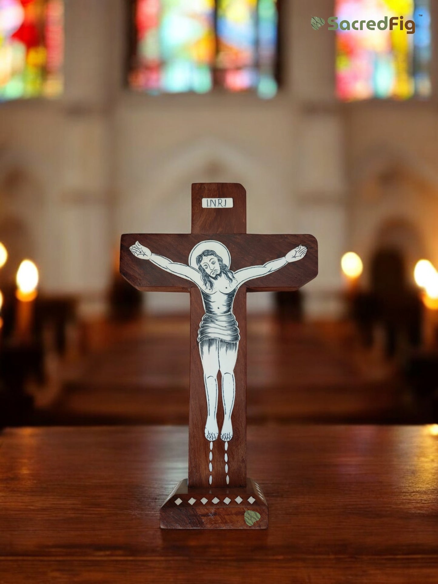 SacredFig Wooden Cross – Handcrafted with Inlay Work & INRI Inscription | Available in S,M & L Sizes