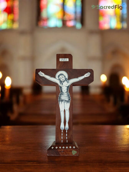 SacredFig Wooden Cross – Handcrafted with Inlay Work & INRI Inscription | Available in S,M & L Sizes