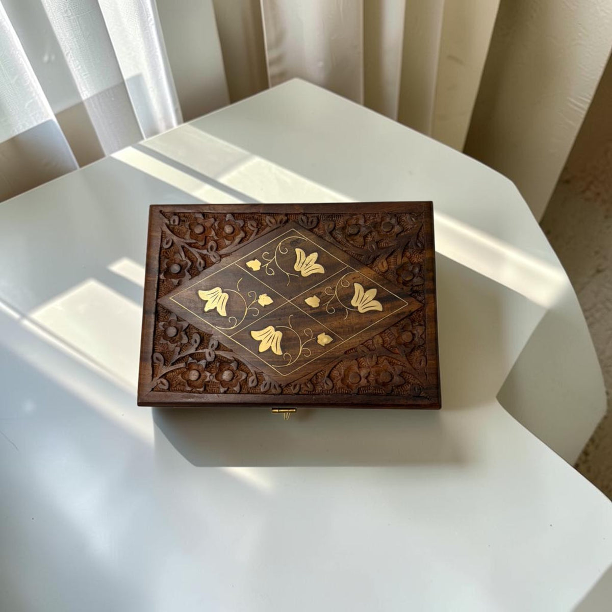 SacredFig Wooden Jewellery Box | Geometric 4 Flower Design | Handcrafted Storage for Jewellery & Treasures