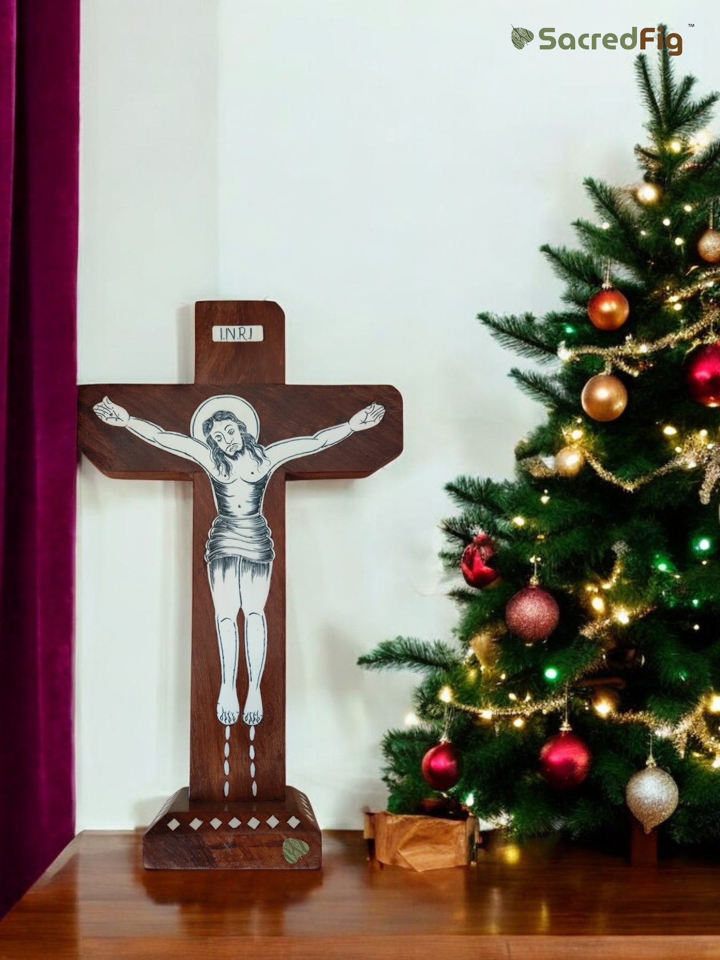SacredFig Wooden Cross – Handcrafted with Inlay Work & INRI Inscription | Available in S,M & L Sizes