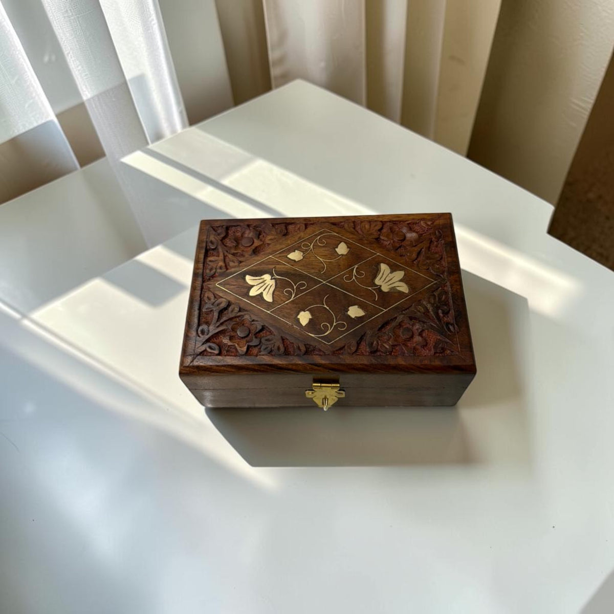 SacredFig Wooden Jewellery Box | Geometric 4 Flower Design | Handcrafted Storage for Jewellery & Treasures