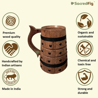 SacredFig Wooden Mug – 300 ml | Black String & Black Dots Pattern | Premium Handcrafted Finish