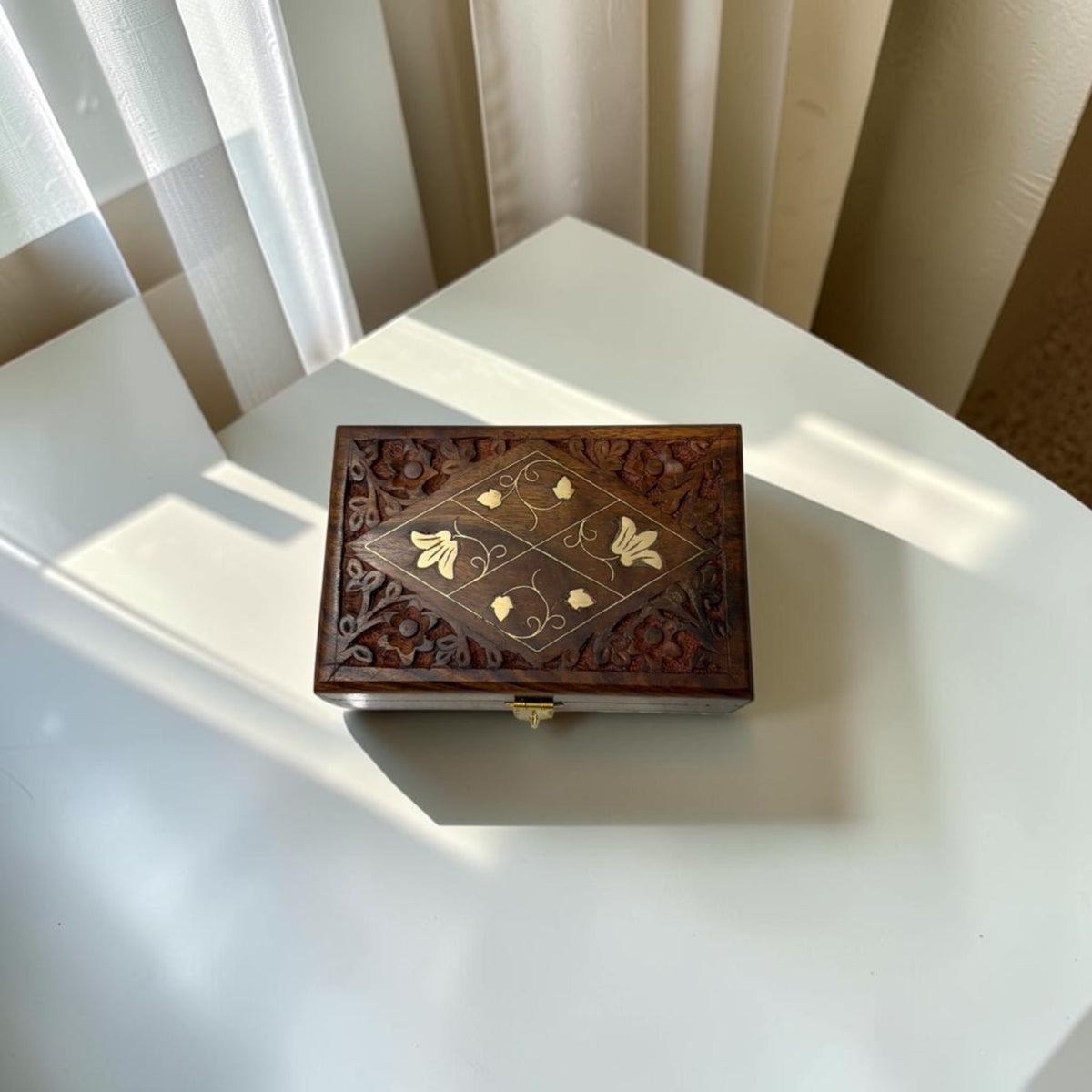 SacredFig Wooden Jewellery Box | Geometric 4 Flower Design | Handcrafted Storage for Jewellery & Treasures