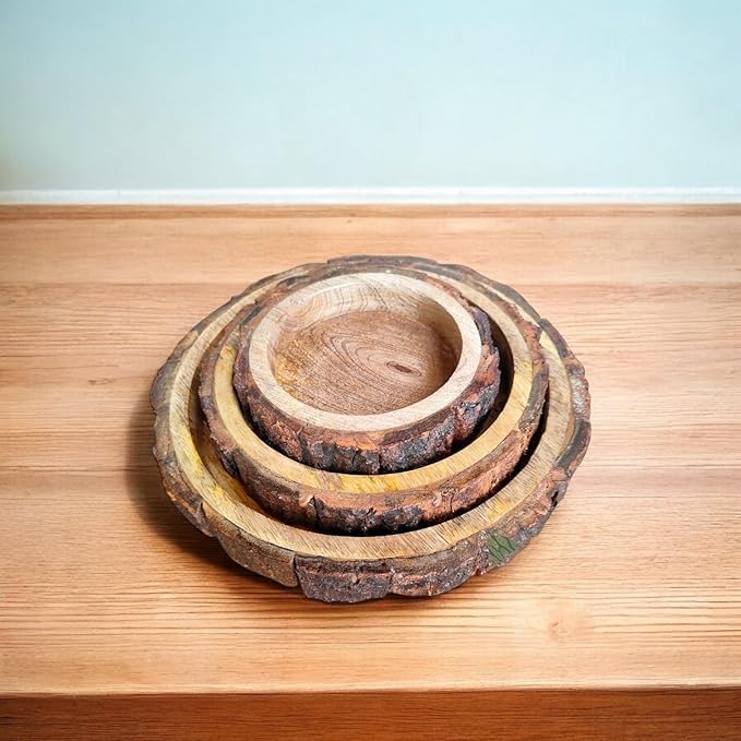 SacredFig Handcrafted Round Tray Set – Rustic Mango Wood | Set of 3 (5 Inch, 8 Inch, 10 Inch) for Serving & Decor