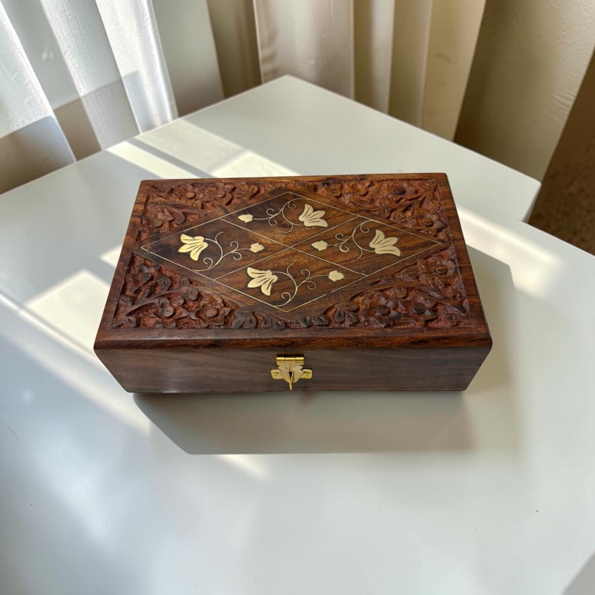 SacredFig Wooden Jewellery Box | Geometric 4 Flower Design | Handcrafted Storage for Jewellery & Treasures