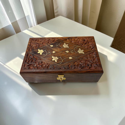 SacredFig Wooden Jewellery Box | Geometric 4 Flower Design | Handcrafted Storage for Jewellery & Treasures