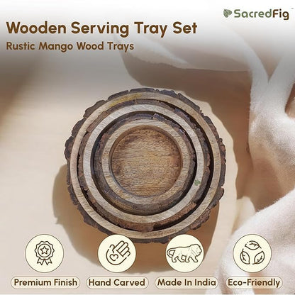 SacredFig Handcrafted Round Tray Set – Rustic Mango Wood | Set of 3 (5 Inch, 8 Inch, 10 Inch) for Serving & Decor