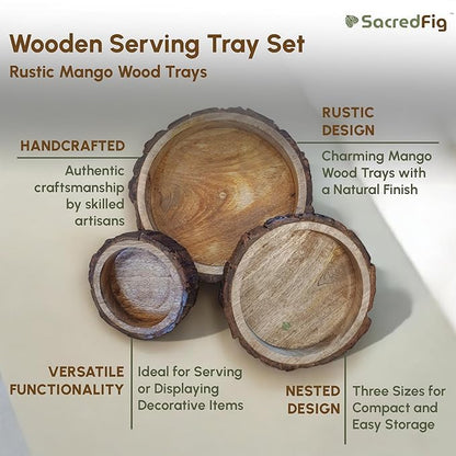 SacredFig Handcrafted Round Tray Set – Rustic Mango Wood | Set of 3 (5 Inch, 8 Inch, 10 Inch) for Serving & Decor