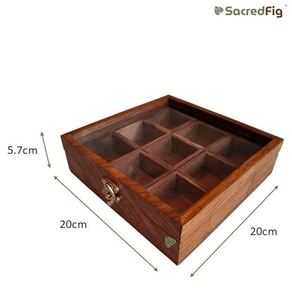 9-Compartment Sheesham Wood Masala Box with Fibre Sheet Lid | 8×8 in