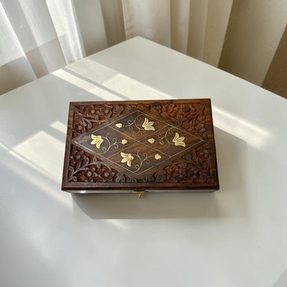 SacredFig Wooden Jewellery Box | Geometric 4 Flower Design | Handcrafted Storage for Jewellery & Treasures