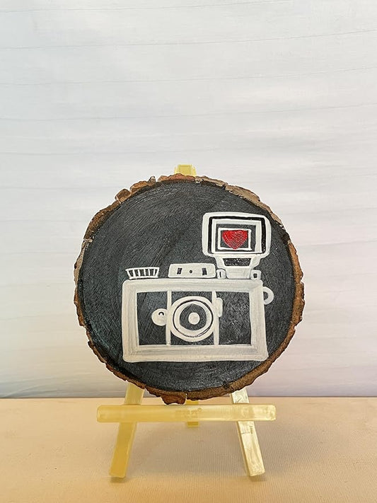 SacredFig Wooden Coaster – 4 Inch | Hand-Painted Camera Design | Artistic Tabletop Accent