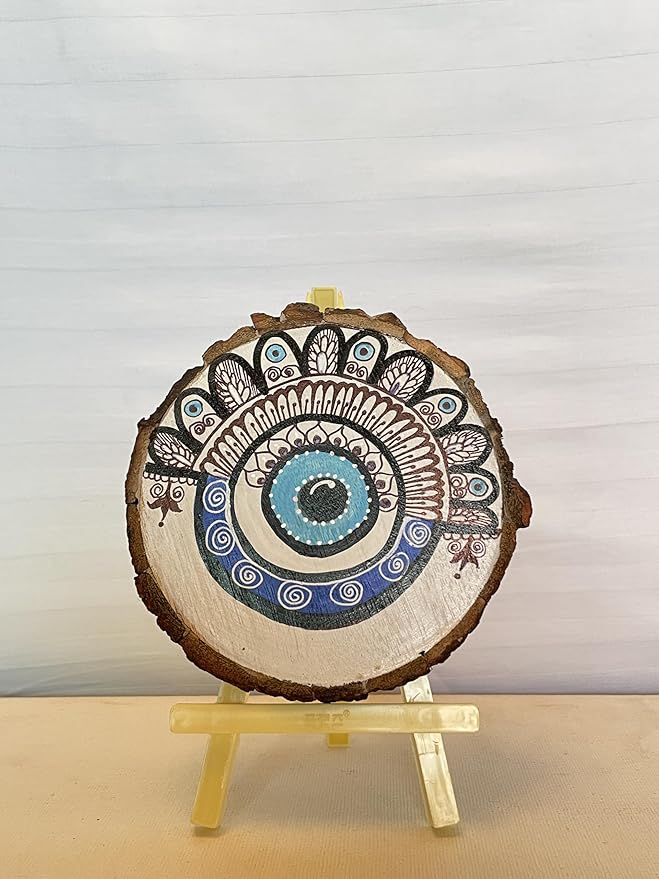 SacredFig Wooden Coaster – 4 Inch | Hand-Painted Evil Eye Design | Artistic Accent for Home & Gifting