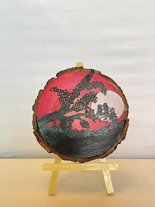 SacredFig Wooden Coaster – 4 Inch | Hand-Painted Moon Scenery Design | Artisanal Table Accent
