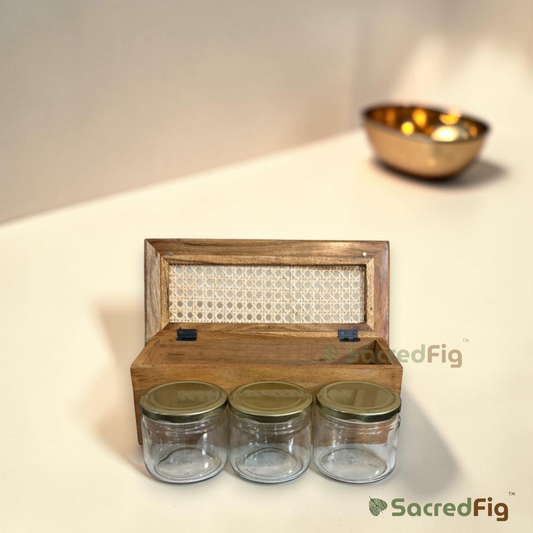 SacredFig Premium Acacia Wood & Rattan Dry Fruit Box with Glass Jars | Luxury Gift & Storage Box | M
