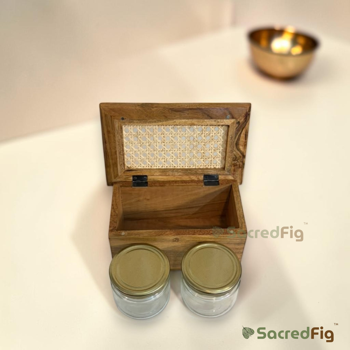 SacredFig Premium Acacia Wood & Rattan Dry Fruit Box with Glass Jars | Luxury Gift & Storage Box | S