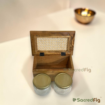 SacredFig Premium Acacia Wood & Rattan Dry Fruit Box with Glass Jars | Luxury Gift & Storage Box | S