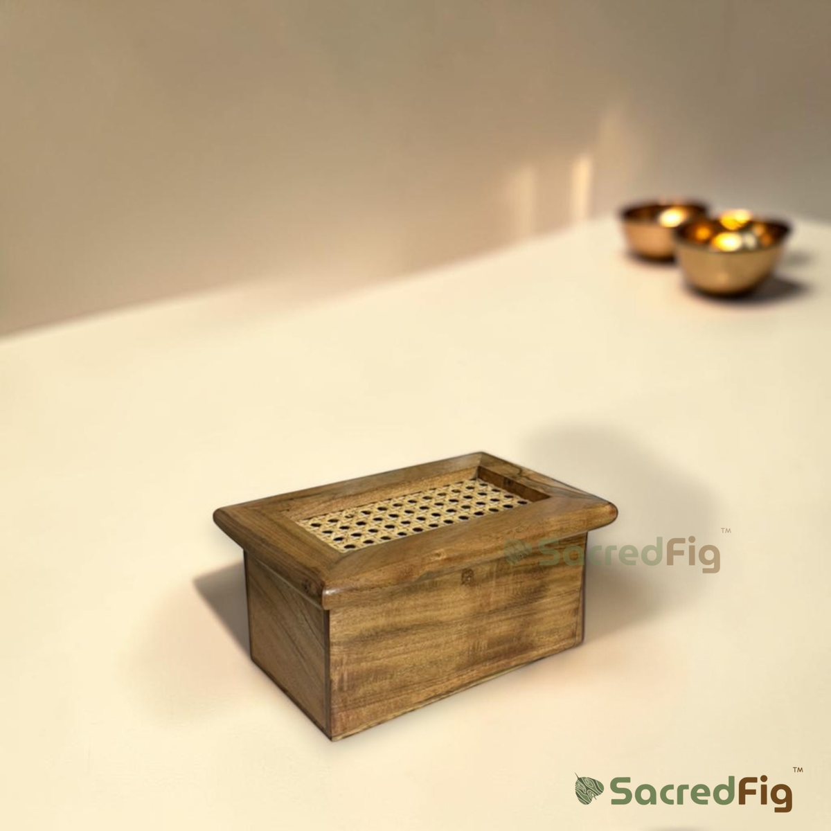 SacredFig Premium Acacia Wood & Rattan Dry Fruit Box with Glass Jars | Luxury Gift & Storage Box | S
