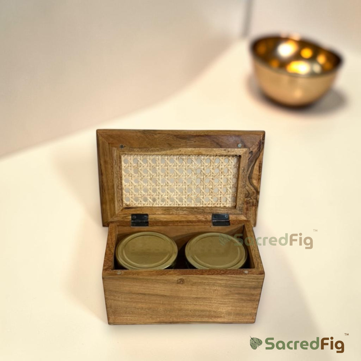 SacredFig Premium Acacia Wood & Rattan Dry Fruit Box with Glass Jars | Luxury Gift & Storage Box | S