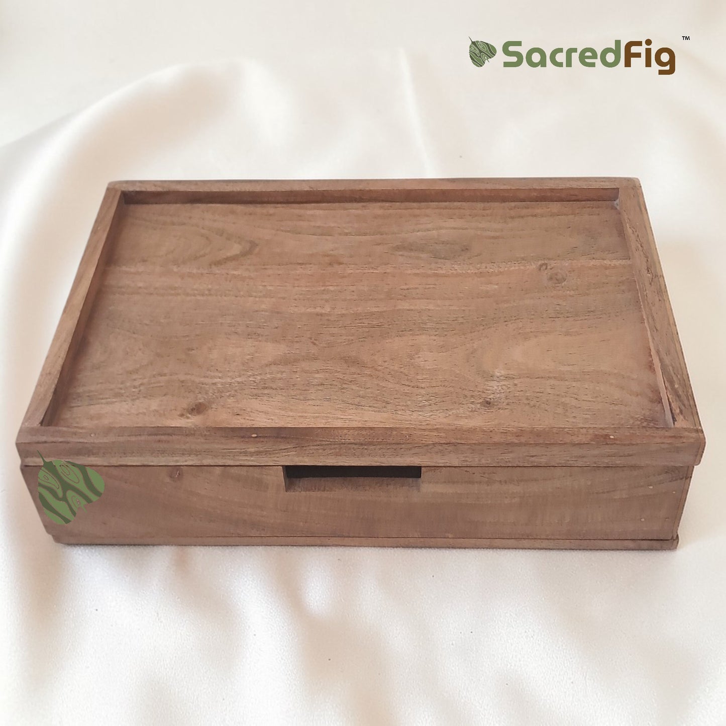SacredFig Wooden Amenity Box with Drawer – Natural Wood Organizer Tray for Bathroom, Hotel, Spa & Vanity Storage