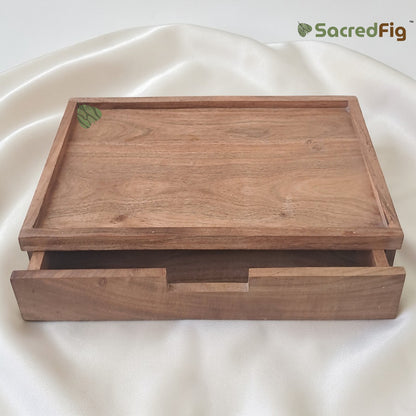 SacredFig Wooden Amenity Box with Drawer – Natural Wood Organizer Tray for Bathroom, Hotel, Spa & Vanity Storage