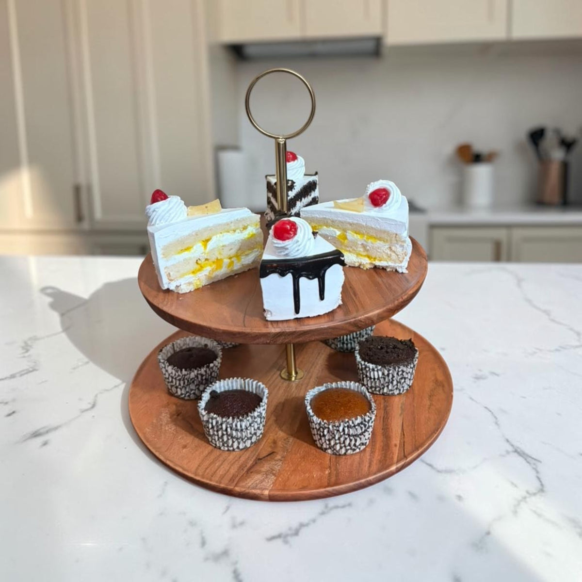 SacredFig Ascend Acacia Wood 2-Tier Cake Stand with Metal Handle | Wooden Dessert, Cupcake & Pastry Serving Stand