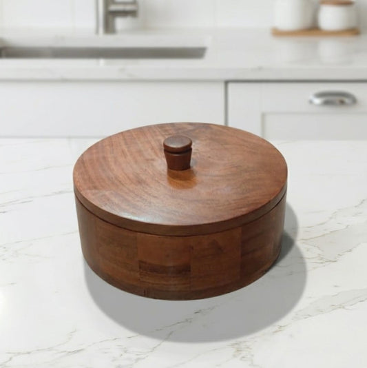 SacredFig Acacia Wooden Box - 9 in (d) | Premium Chapati Box with Lid | Multipurpose Kitchen Storage