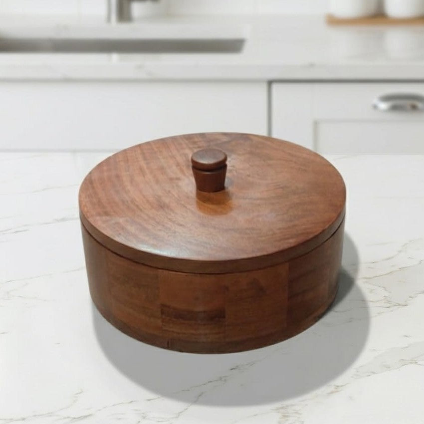 SacredFig Acacia Wooden Box - 9 in (d) | Premium Chapati Box with Lid | Multipurpose Kitchen Storage