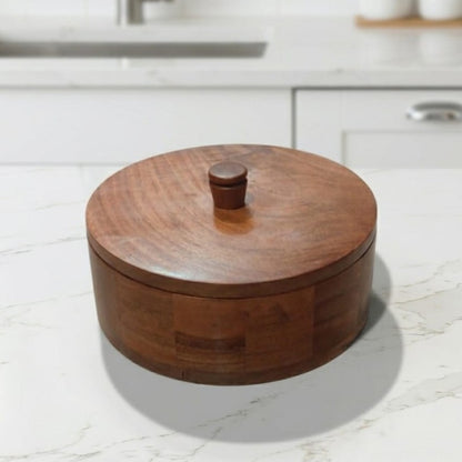 SacredFig Acacia Wooden Box - 9 in (d) | Premium Chapati Box with Lid | Multipurpose Kitchen Storage