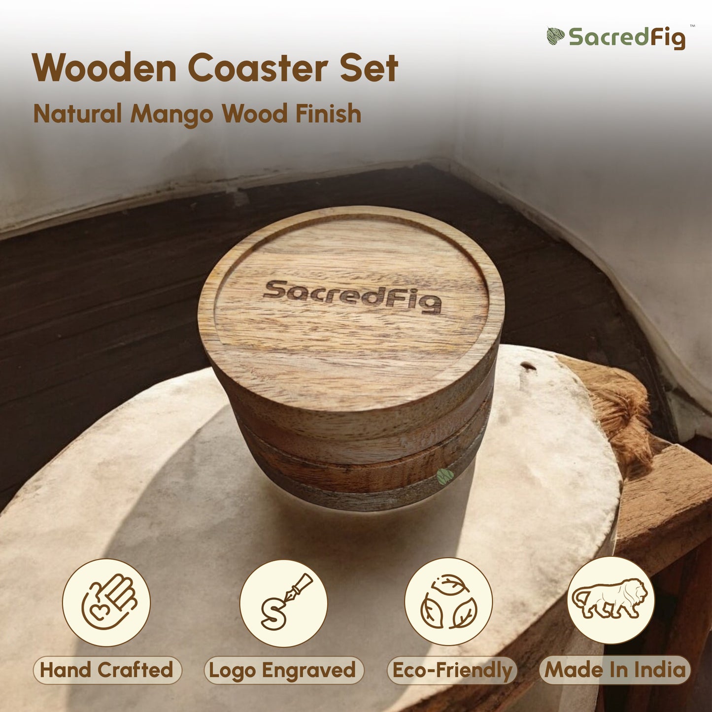 SacredFig Wooden Coasters | Natural, Rustic Wood Finish | 10 cm (d), set of 4