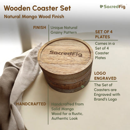 SacredFig Wooden Coasters | Natural, Rustic Wood Finish | 10 cm (d), set of 4
