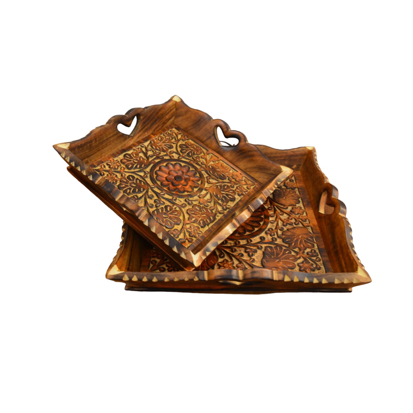 Wooden Serving Tray | Floral Carving - Set of 3 Trays