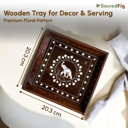 Wooden Tray for Decor & Serving | Premium Decor Floral Pattern with regal elephant motif | S, M sizes
