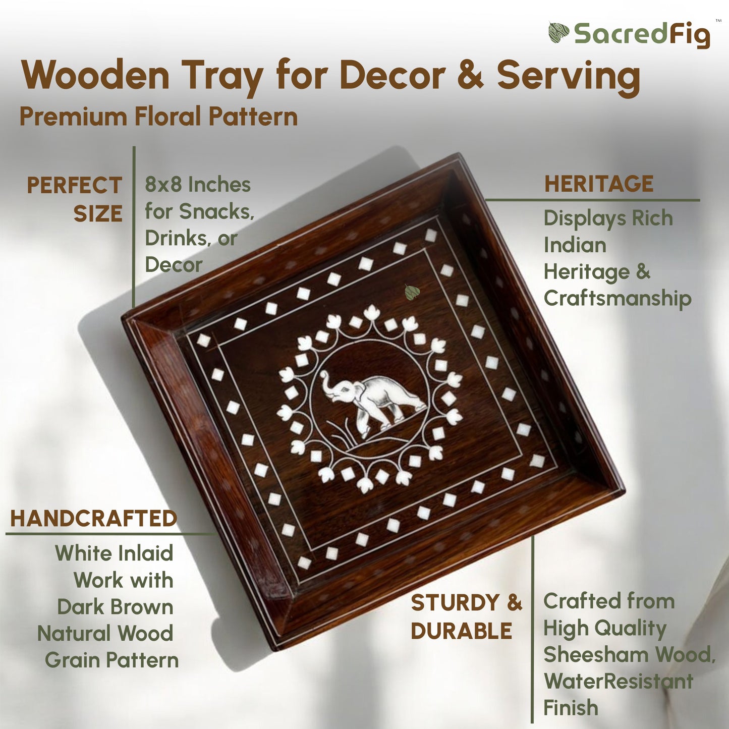 Wooden Tray for Decor & Serving | Premium Decor Floral Pattern with regal elephant motif | S, M sizes