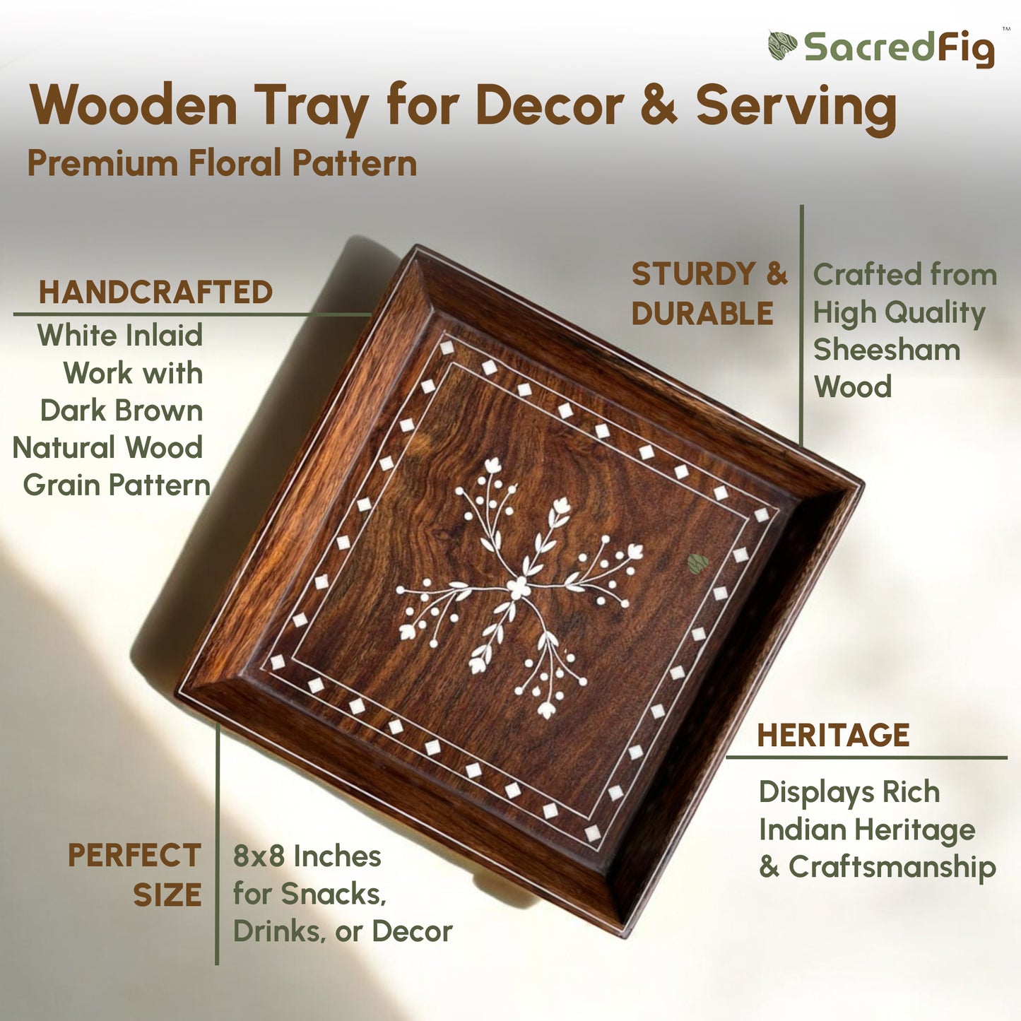 Wooden Inlaid Tray for Decor & Serving | Premium Decor by SacredFig | S, M sizes