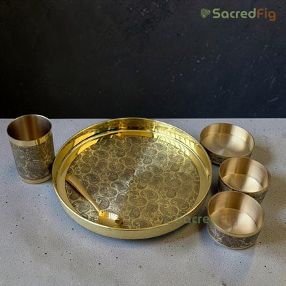 SacredFig Amrakriti Series | Brass Thali Set | Traditional Brass Dinnerware Set of 6