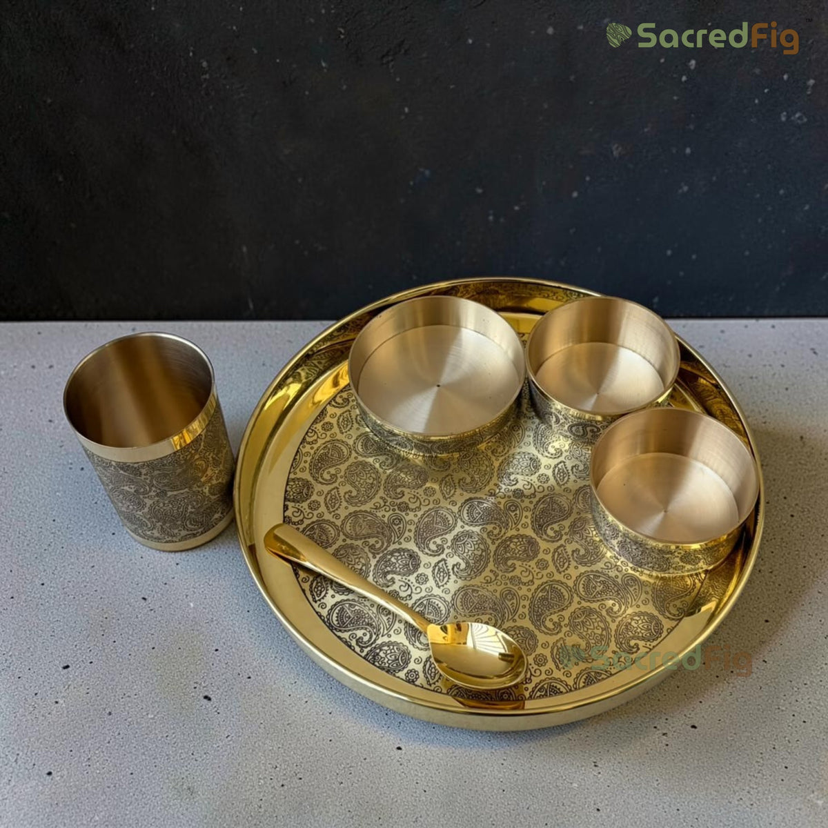 SacredFig Amrakriti Series | Brass Thali Set | Traditional Brass Dinnerware Set of 6