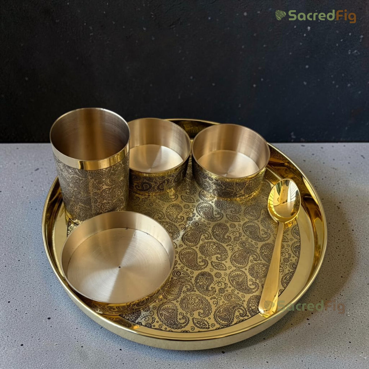 SacredFig Amrakriti Series | Brass Thali Set | Traditional Brass Dinnerware Set of 6