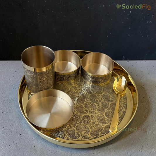 SacredFig Amrakriti Series | Brass Thali Set | Traditional Brass Dinnerware Set of 6